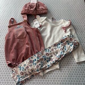 NWT Little Lass Baby Cream and Pink 4 Piece Set with Hat Size 24M